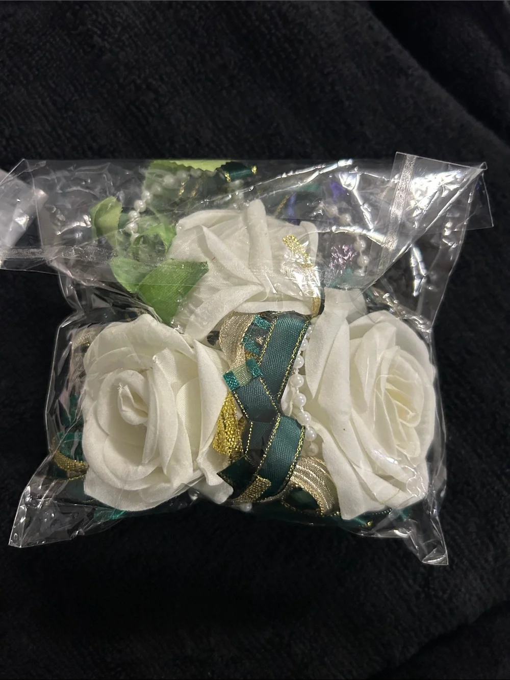 Wrist Corsage Wristlet and Men Boutonniere Set with Dark Green Ribbin